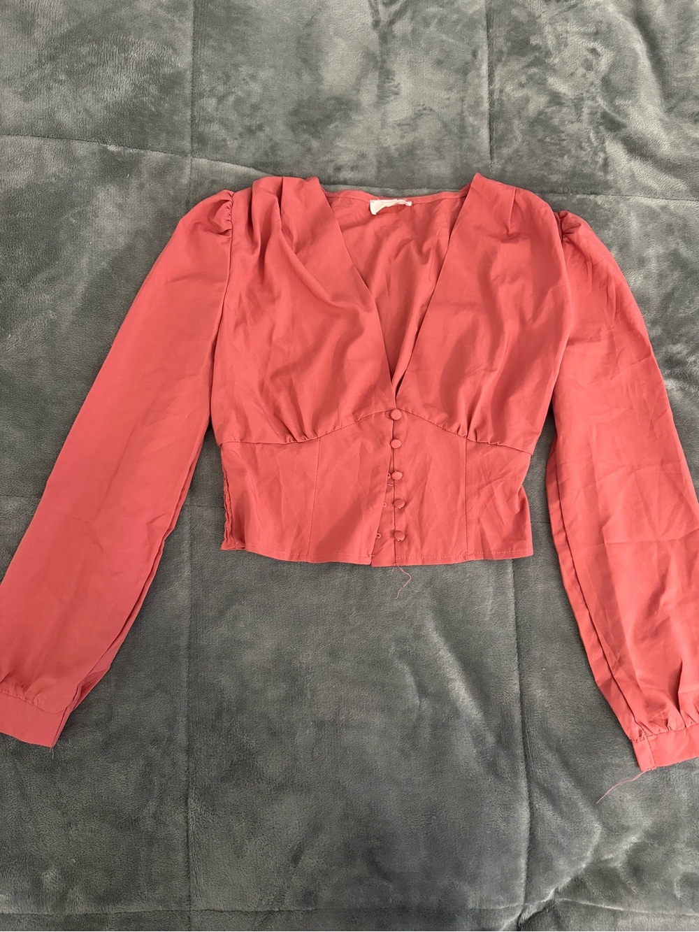 Women's Coral Button-Front Long Sleeve V-Neck Top